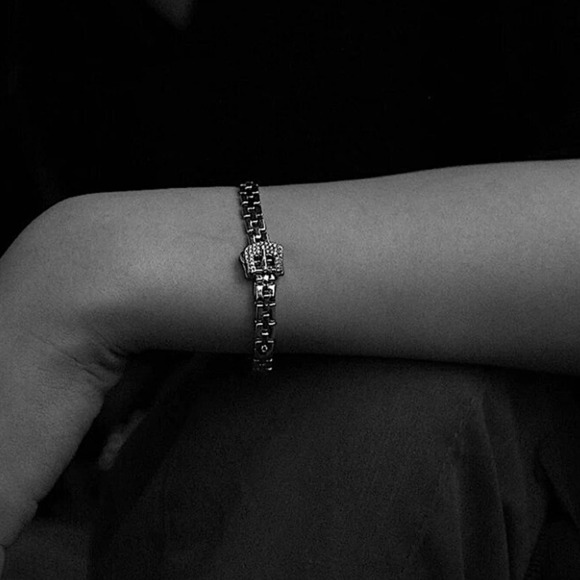 Silver Belt Buckle Bracelet Matching Ring Set, Minimalist, Zircon, Chain Link - Picture 6 of 12